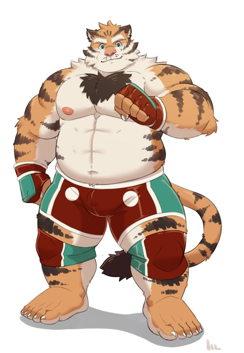 anthro belly bottomwear bulge clothing humanoid_hands kemono male moobs nipples overweight overweight_male pink_nose shorts simple_background solo white_background aotoaka felid mammal pantherine tiger 2022 hi_res