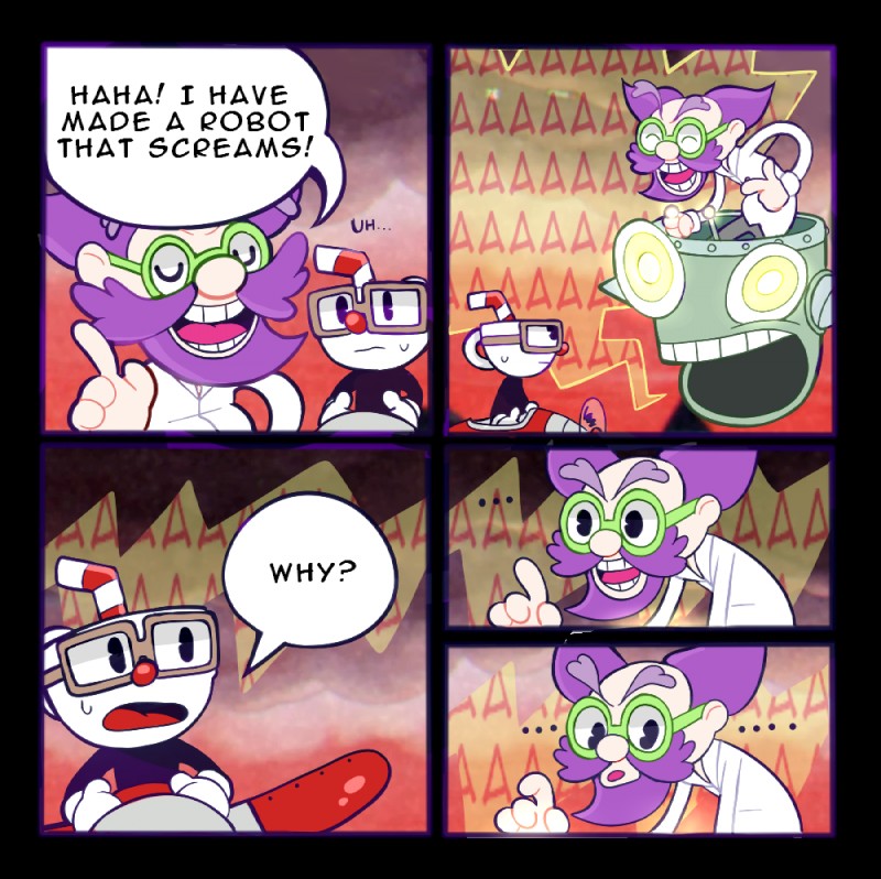 container cup for_a_head humor machine male not_furry parody inkzooka_(artist) cuphead_(game) gunshowcomic cuphead_(character) dr._kahl dr._kahl's_robot animate_inanimate human humanoid mammal object_head robot alpha_channel comic meme