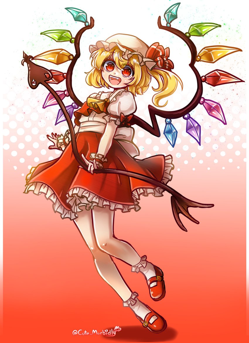 blonde_hair bottomwear clothing crystal fangs female footwear gradient_background hair hat headgear headwear holding_object holding_weapon looking_at_viewer open_mouth red_bottomwear red_clothing red_eyes red_footwear red_skirt shirt simple_background skirt smile solo teeth tongue topwear unusual_anatomy unusual_wings weapon white_clothing white_hat white_headwear white_shirt white_topwear wings morbidlycutecrunch touhou flandre_scarlet humanoid vampire absurd_res artist_name hi_res