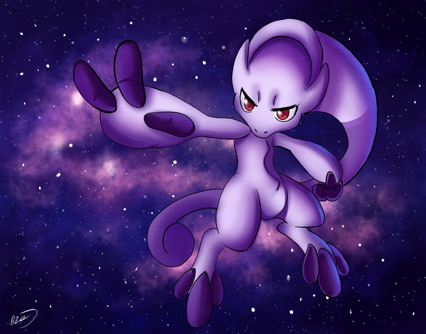 ambiguous_gender arm_out cosmic_background detailed_background floating purple_body purple_skin red_eyes solo space space_background omnii34 nintendo pokemon generation_6_pokemon legendary_pokemon mega_evolution mega_mewtwo mega_mewtwo_y pokemon_(species) hi_res