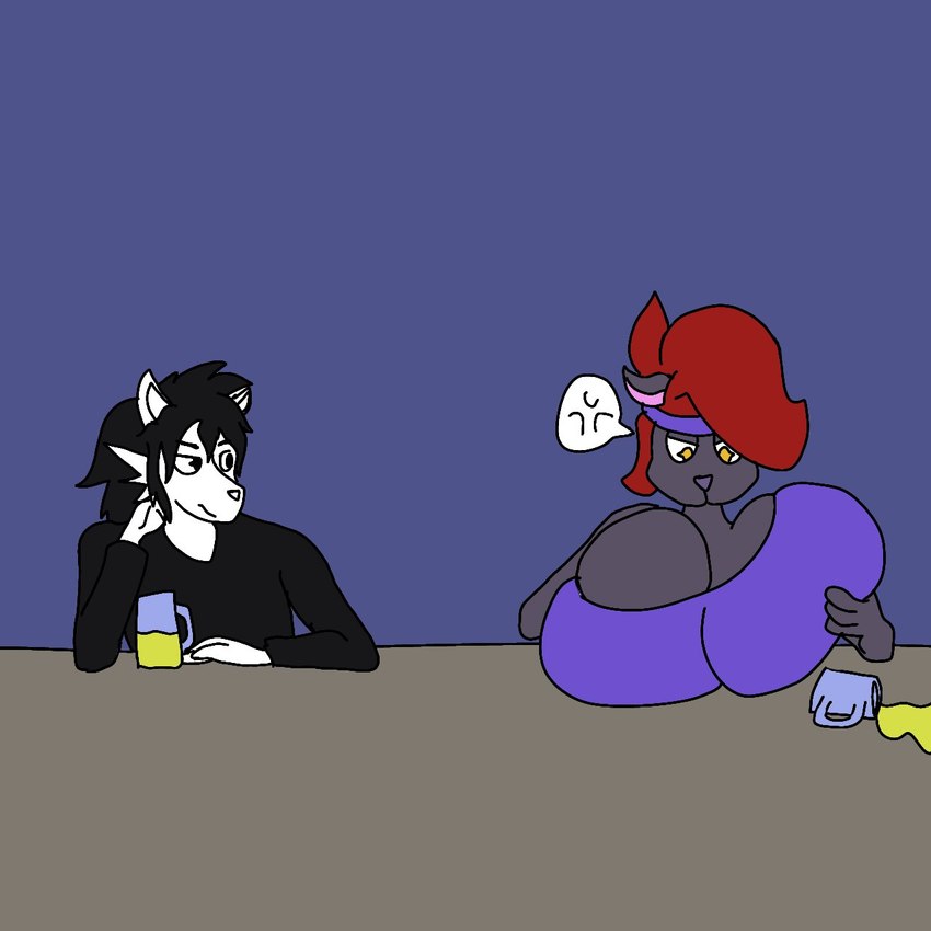 alcohol annoyed anthro beer beverage big_breasts black_body black_hair breasts clothing cross-popping_vein duo female hair huge_breasts male red_hair shirt topwear white_body kuge rakil_(kuge) canid canine canis domestic_cat felid feline felis mammal wolf 1:1 hi_res