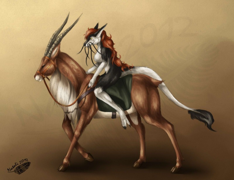 breasts bridle brown_hair duo featureless_breasts female feral gradient_background hair hooves horn nude reins riding saddle simple_background smile standing tail natoli ghibli mythology princess_mononoke yakkul antelope bovid dragon lechwe mammal mythological_creature mythological_scalie reduncine scalie watermark