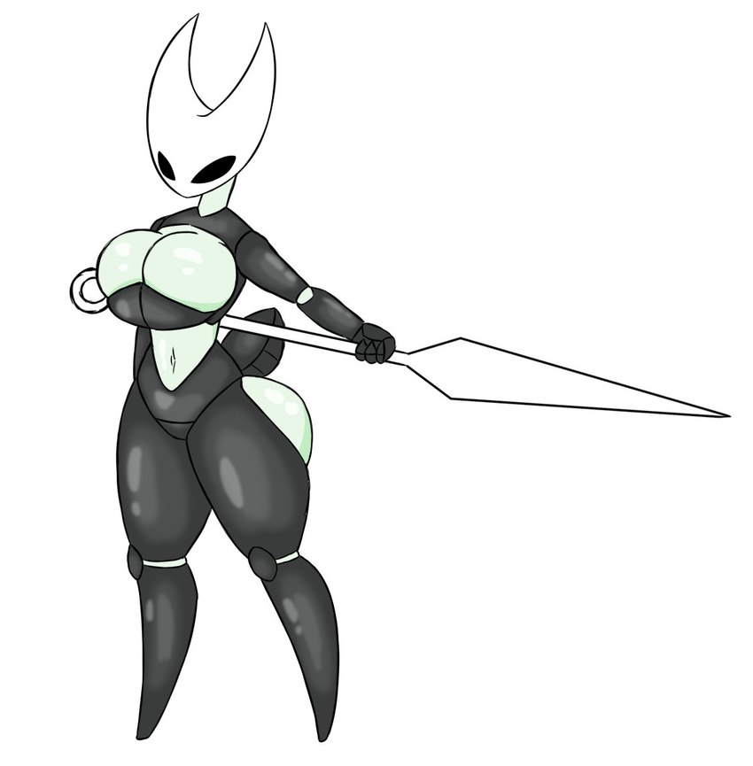 anthro arthropod_abdomen big_breasts black_body black_eyes breasts cleavage cleavage_overflow clothed clothing empty_eyes featureless_crotch featureless_feet feet female holding_object holding_weapon huge_breasts navel solo thick_thighs weapon white_body wide_hips gojo_skull hollow_knight team_cherry hornet_(hollow_knight) arthropod insect