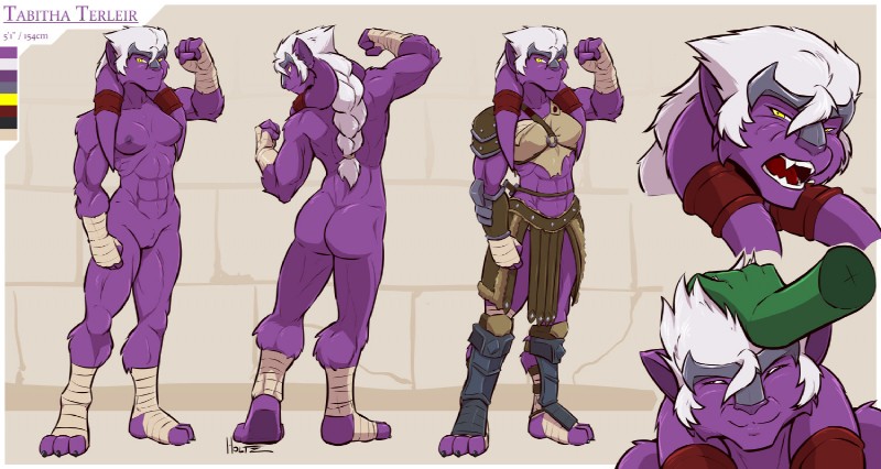 angry anthro armor athletic bandage braided_hair breasts color_swatch disembodied_hand duo female female_focus flexing fur genitals hair head_plate head_tails headpat muscular muscular_female nude purple_body purple_fur pussy solo_focus text white_hair holtz tabitha_terleir kraskit character_name model_sheet