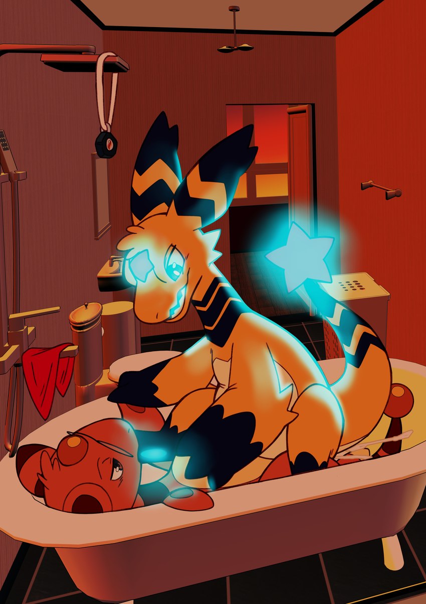 3d_background bathtub bodily_fluids claw_foot_bathtub cowgirl_position cum cum_inside duo female feral from_front_position genital_fluids male male/female on_bottom on_top penetration sex vaginal vaginal_penetration starampharos nintendo pokemon litho_(stormysparkler) star_joule_ampharos ampharos generation_2_pokemon pokemon_(species) absurd_res hi_res