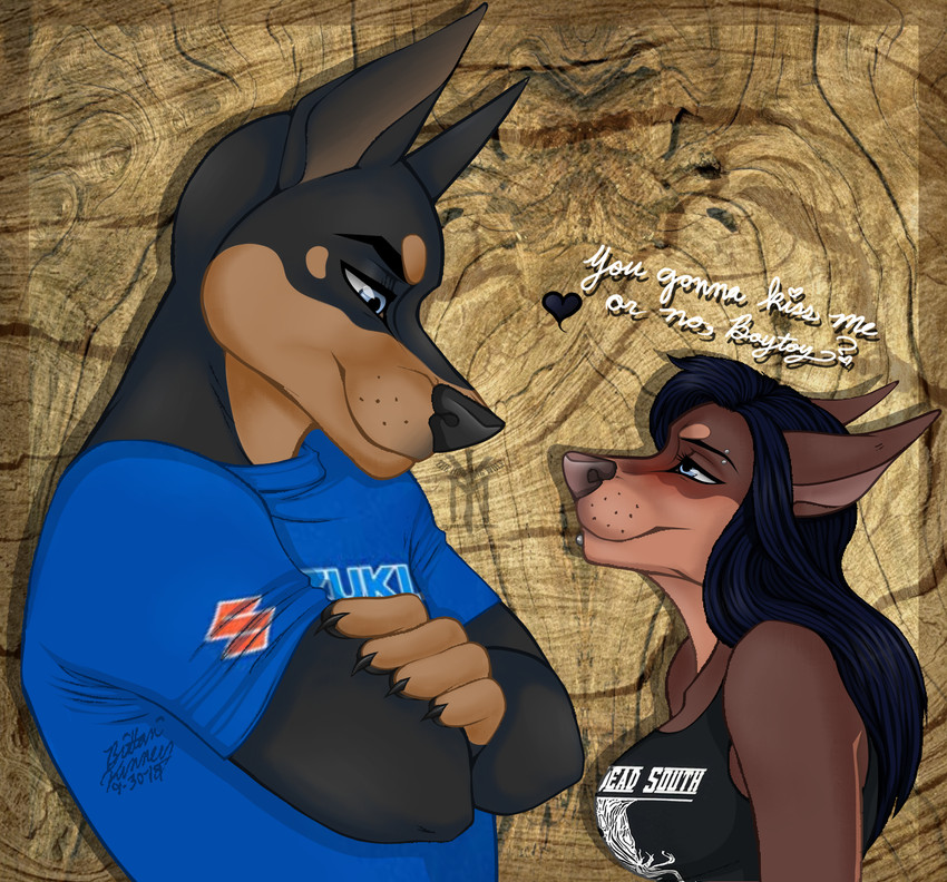 anthro duo eyebrow_piercing facial_piercing female lip_piercing male male/female piercing thehuntingwolf suzuki the_dead_south carbon paizli canid canine canis dobermann domestic_dog mammal pinscher digital_media_(artwork) hi_res