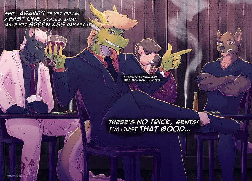 alcohol anthro beverage cigarette cigarette_smoke clothing cocky_smile container cup dialogue drinking_glass glass glass_container glass_cup imminent_rape imminent_sex male smile smirk smoke suit tail text wine wine_glass jaeger_wunderkind instant_loss_2koma mythology celadon_vian canid canine canis domestic_dog dragon hyena jackal mammal mythological_creature mythological_scalie reptile scalie english_text hi_res