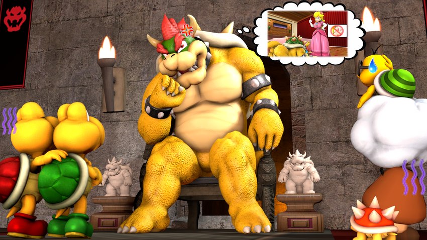 angry anthro areola belly big_belly big_breasts blonde_hair blue_eyes breasts chair cross-popping_vein crown eyewear female furniture group hair headgear horn male muscular nipples nude pregnant pregnant_female shell sitting spikes throne cobaltapple kabalmystic_(modeler) mario_bros nintendo bowser princess_peach goomba human koopa lakitu lakitu's_cloud mammal reptile scalie 16:9 3d_(artwork) digital_media_(artwork) hi_res widescreen