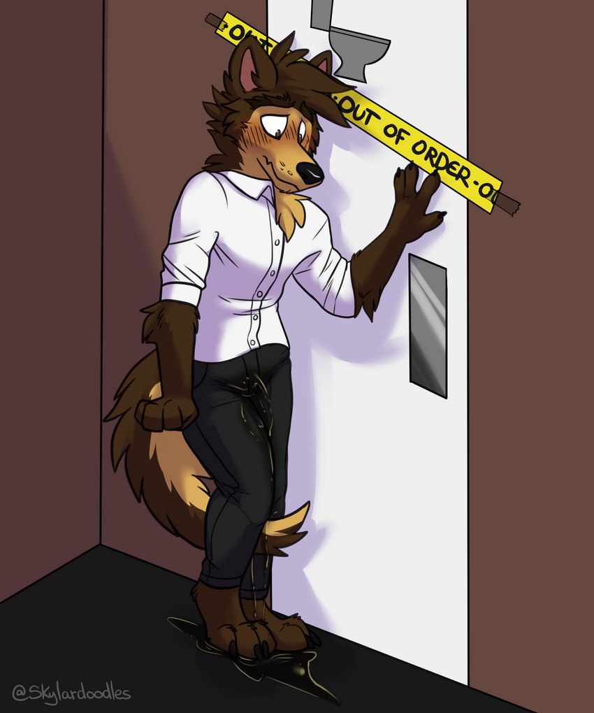 anthro bathroom bodily_fluids clothed clothing desperation genital_fluids male male_peeing omorashi peeing solo urine watersports wetting skylardoodles cerffou canid canine canis mammal wolf 5:6 absurd_res hi_res