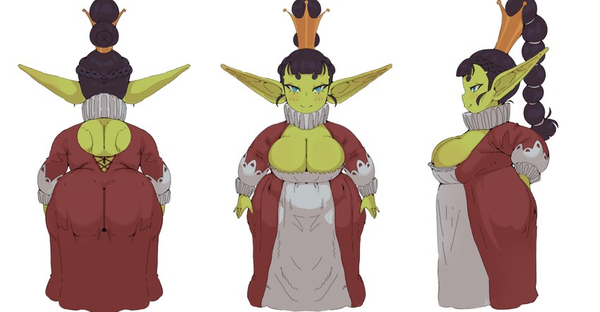 belly big_breasts big_butt black_hair breasts butt cleavage clothed clothing crown dress female hair headgear humanoid_pointy_ears long_ears long_hair pointy_ears queen royalty short_stack slightly_chubby solo wide_hips forastero jazel_(forastero) goblin humanoid absurd_res digital_media_(artwork) hi_res model_sheet