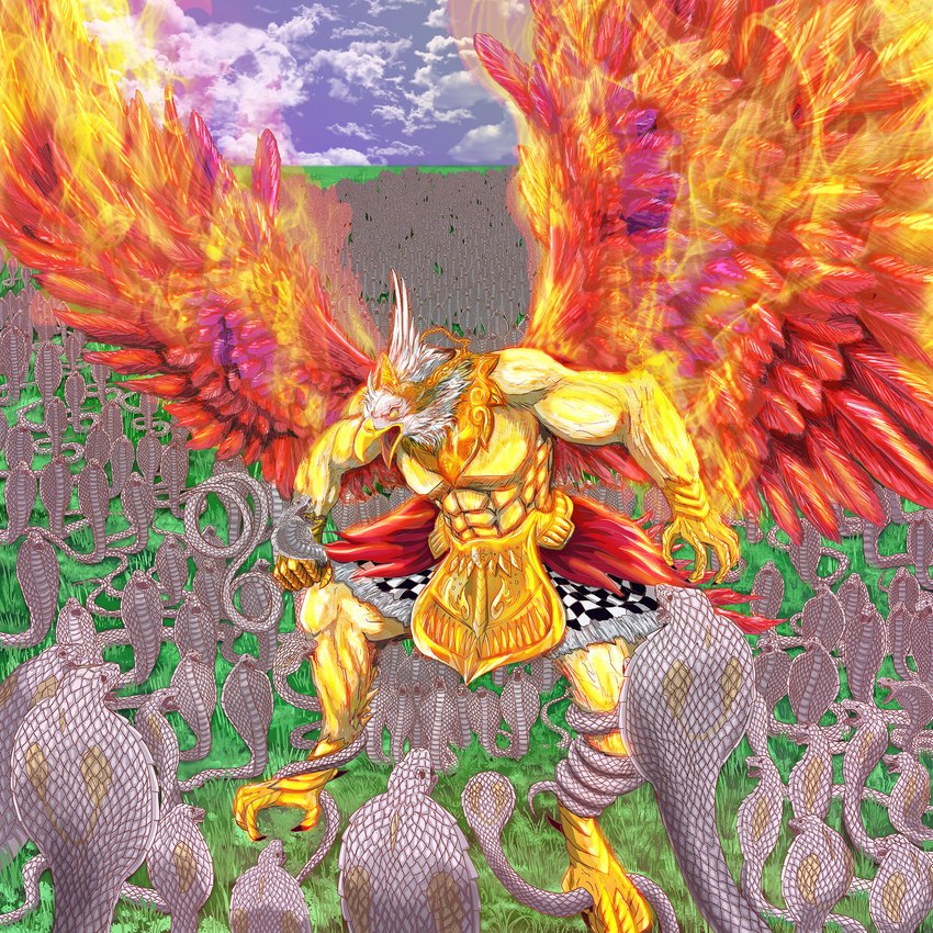 ambiguous_gender anthro anthro_on_feral armor battle beak bestiality black_claws bottomwear brown_eyes checkered checkered_clothing claws clothing cloud coiling_around_leg digitigrade elemental_manipulation feathers feet feral fight fighting_pose fire fire_manipulation flaming_wings flying foot_grab gold_(metal) gold_armor gold_breastplate gold_crown gold_loincloth golden_body grass grey_body grey_scales group holding_another horde loincloth magic male muscular muscular_anthro muscular_male open_beak open_mouth pattern_clothing plant pose purple_sky red_body red_clothing red_feathers scales scuted_arms scuted_feet scutes skirt sky snake_hood spread_wings talons toes unusual_anatomy unusual_wings white_body white_clothing white_feathers white_head wings wrapped_around yellow_beak yellow_body yellow_eyes yellow_feathers yellow_feet yellow_hands yellow_scales agus_terus asian_mythology hindu_mythology mythology garuda_(deity) naga_(deity) avian cobra reptile scalie snake hi_res