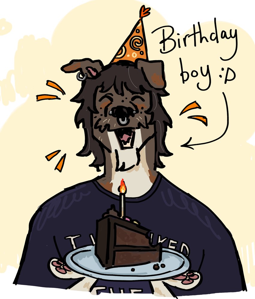 3_fingers anthro arrow_sign bangs birthday birthday_cake birthday_candle black_nose brown_body brown_fur brown_hair cake cake_slice candle clothed clothed_anthro clothed_male clothing dessert ear_piercing ear_ring eyes_closed facial_piercing fingers fire food front_view fur hair handpaw happy hat headgear headwear holding_plate light lit_candle male male_anthro medium_hair nose_piercing nose_ring party_hat pawpads paws piercing pink_inner_ear pink_pawpads plate purple_clothing purple_shirt purple_topwear ring_piercing shirt simple_background solo text text_on_clothing text_on_shirt text_on_topwear topwear white_body white_fur yellow_background flockdog bill_(flockdog) canid canine canis domestic_dog fox_terrier hunting_dog mammal terrier 2024 colored digital_drawing_(artwork) digital_media_(artwork) english_description english_text hi_res lighting trans_(lore) trans_man_(lore)