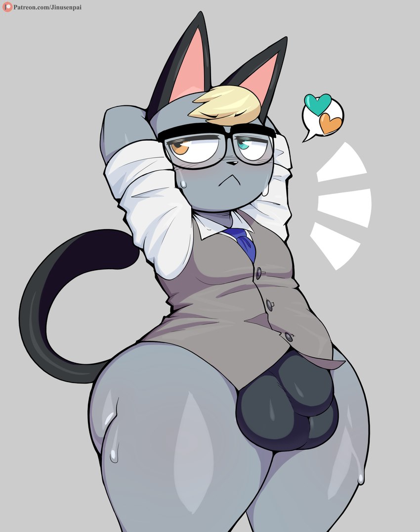 anthro balls balls_outline big_butt blonde_hair blush bodily_fluids bulge butt clothing detailed_bulge eyewear femboy genital_outline genitals glasses grey_body hair heart_symbol heterochromia male necktie patreon_logo penis_outline simple_background solo suit_vest sweat text thick_thighs thong underwear wide_hips jinu animal_crossing nintendo patreon raymond_(animal_crossing) felid feline mammal absurd_res digital_media_(artwork) hi_res url