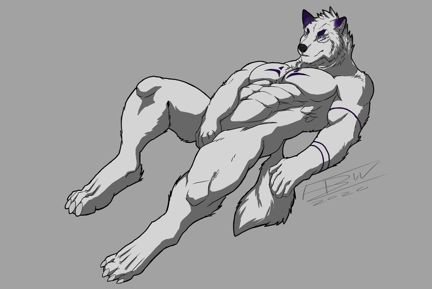 anthro fur lying male muscular muscular_anthro muscular_male pecs purple_ears relaxing solo stripes white_body white_fur fullbodywolf mar canid canine canis mammal wolf absurd_res hi_res