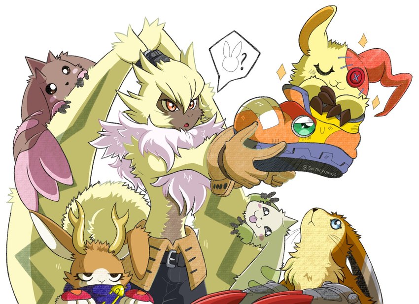 ambiguous_gender anthro blush carrying_another clothing feral fluffy_chest footwear fur gloves group handwear long_ears ponytail_ears shoes simple_background smile sparkles white_background yellow_body yellow_fur portugueselynx bandai_namco digimon digimon_liberator digimon_(species) lagomorph leporid lopmon mammal prairiemon pyontomon rabbit shoemon symbareangoramon terriermon hi_res