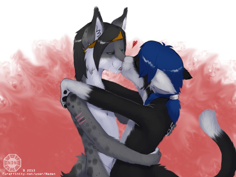 accessory anthro black_body black_fur black_hair blue_hair dipstick_tail duo eyes_closed fur grey_body grey_fur hair headband heart_symbol hug inner_ear_fluff kissing looking_at_another male markings multicolored_body multicolored_fur multicolored_tail nude open_mouth scar shoulder_grab side_view spots tail tail_markings text tuft whiskers white_body white_fur white_tail_tip neden maho-gato munty domestic_cat felid feline felis lynx mammal 2013 4:3 url