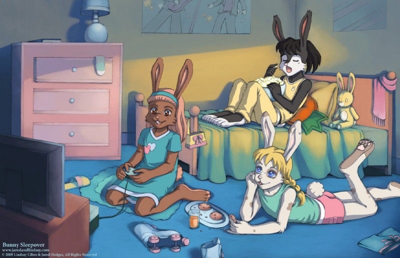 anthro bed bedroom clothed clothing cookie electronics female food fully_clothed furniture gaming group lamp plushie popcorn quad_skates roller_skates scarf television lindsay_cibos lagomorph leporid mammal rabbit