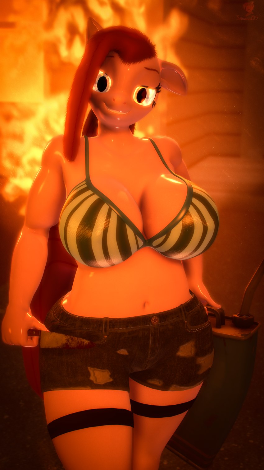 anthro belly big_breasts blood blood_on_knife bodily_fluids bottomwear bra breasts clothed clothing female fire fluffy fluffy_mane fluffy_tail fur glistening glistening_eyes grin hair holding_knife holding_object insane jerrycan knife legwear looking_at_viewer mane overweight pyromania revamped_anthros shorts smile solo soulless_eyes stockings tail topwear underwear weapon wide_hips silkworm205 friendship_is_magic hasbro my_little_pony pinkamena_(mlp) pinkie_pie_(mlp) earth_pony equid equine horse mammal pony 3d_(artwork) 4k 9:16 absurd_res digital_media_(artwork) hi_res source_filmmaker_(artwork)