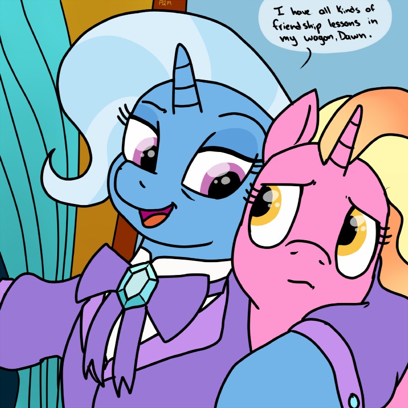 clothed clothing duo female feral horn hug looking_at_another text ponyquarantine friendship_is_magic hasbro my_little_pony mythology luster_dawn_(mlp) trixie_(mlp) equid equine mammal mythological_creature mythological_equine unicorn 1:1 2019 english_text hi_res