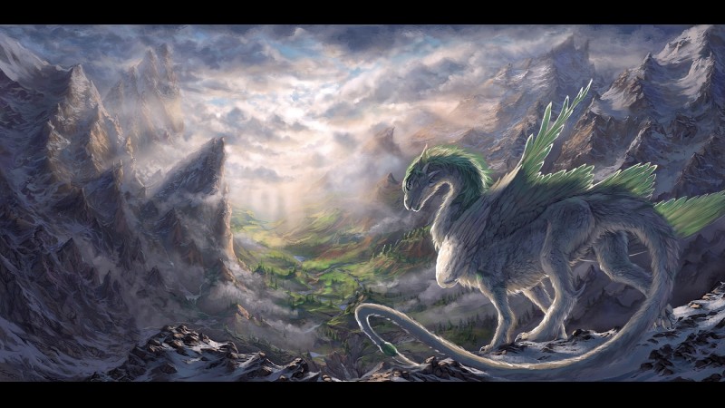 amazing_background ambiguous_gender black_bars day detailed_background detailed_fur digitigrade feathered_wings feathers feral fur green_body green_feathers long_tail nude outside scenery_porn solo standing tail white_body white_feathers wings aaros mythology dragon feathered_dragon feathered_scalie mythological_creature mythological_scalie scalie detailed hi_res