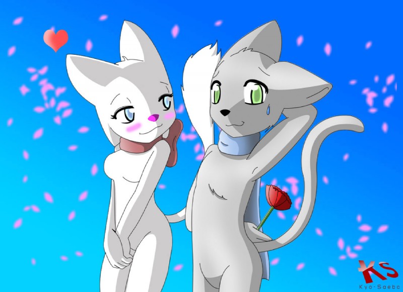 anthro duo female heart_symbol male male/female romantic romantic_couple smile kyosaeba bittersweet_candy_bowl lucy_(bcb) mike_(bcb) domestic_cat felid feline felis khao_manee korat_cat mammal