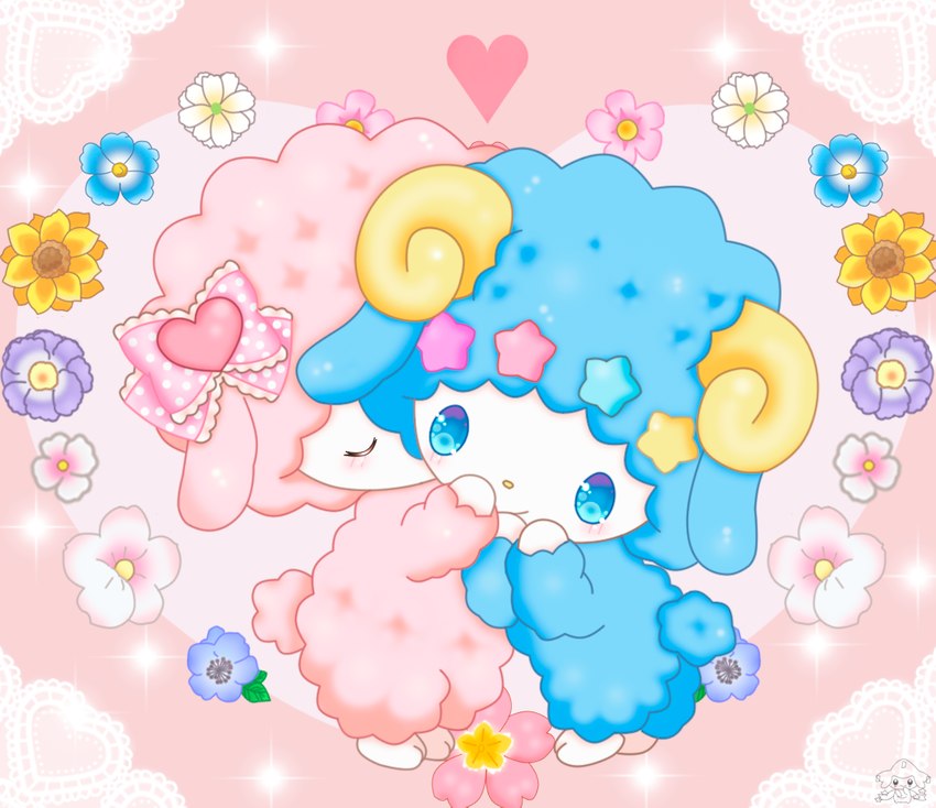 anthro beady_eyes blue_body blue_fur blue_pupils blue_wool blush daww duo eyes_closed female fur glistening glistening_eyes happy heart_symbol holding_head horn kissing male pink_background pink_body pink_fur pink_wool pupils ribbons semi-anthro simple_background smile wool_(fur) wool_hair jirachicute28_(artist) onegai_my_melody sanrio fan_character my_sweet_piano bovid caprine mammal sheep 2020 digital_drawing_(artwork) digital_media_(artwork)