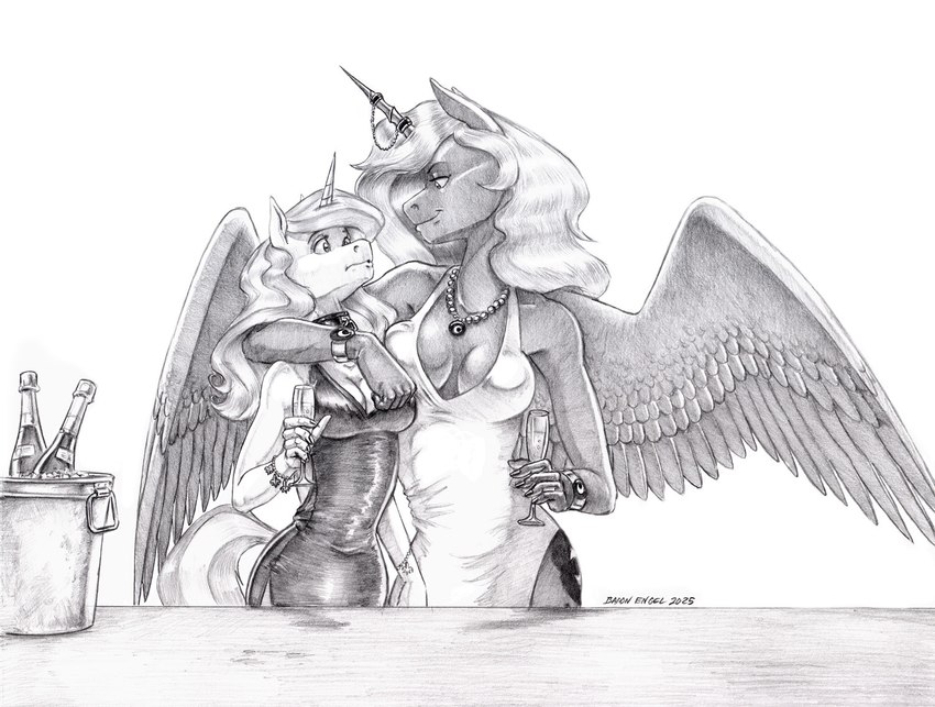 alcohol anthro beverage breasts champagne champagne_bottle champagne_glass cleavage clothed clothing container cup dress drinking_glass duo feathered_wings feathers female female/female fur glass glass_container glass_cup hair horn jewelry necklace spread_wings wings baron_engel friendship_is_magic hasbro my_little_pony mythology fleur_de_lis_(mlp) princess_luna_(mlp) equid equine mammal mythological_creature mythological_equine unicorn winged_unicorn 2025 story story_at_source story_in_description