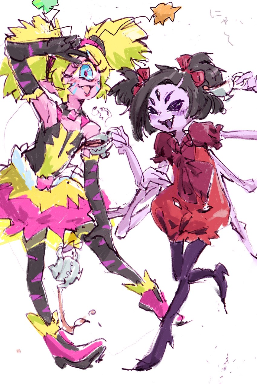 1_eye anthro clothed clothing container cup duo female multi_arm multi_eye multi_limb tea_cup perokisu pretty_cure star_twinkle_pretty_cure undertale undertale_(series) aiwarn muffet arachnid arthropod cyclops humanoid spider hi_res