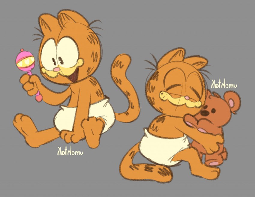 anthro clean_diaper clothed clothing diaper eyes_closed fur grey_background happy holding_object holding_plushie hug hugging_object male orange_body orange_fur plushie rattle simple_background smile solo toddler wearing_diaper young young_anthro young_male kathomu garfield_(series) garfield_the_cat domestic_cat felid feline felis mammal 2022