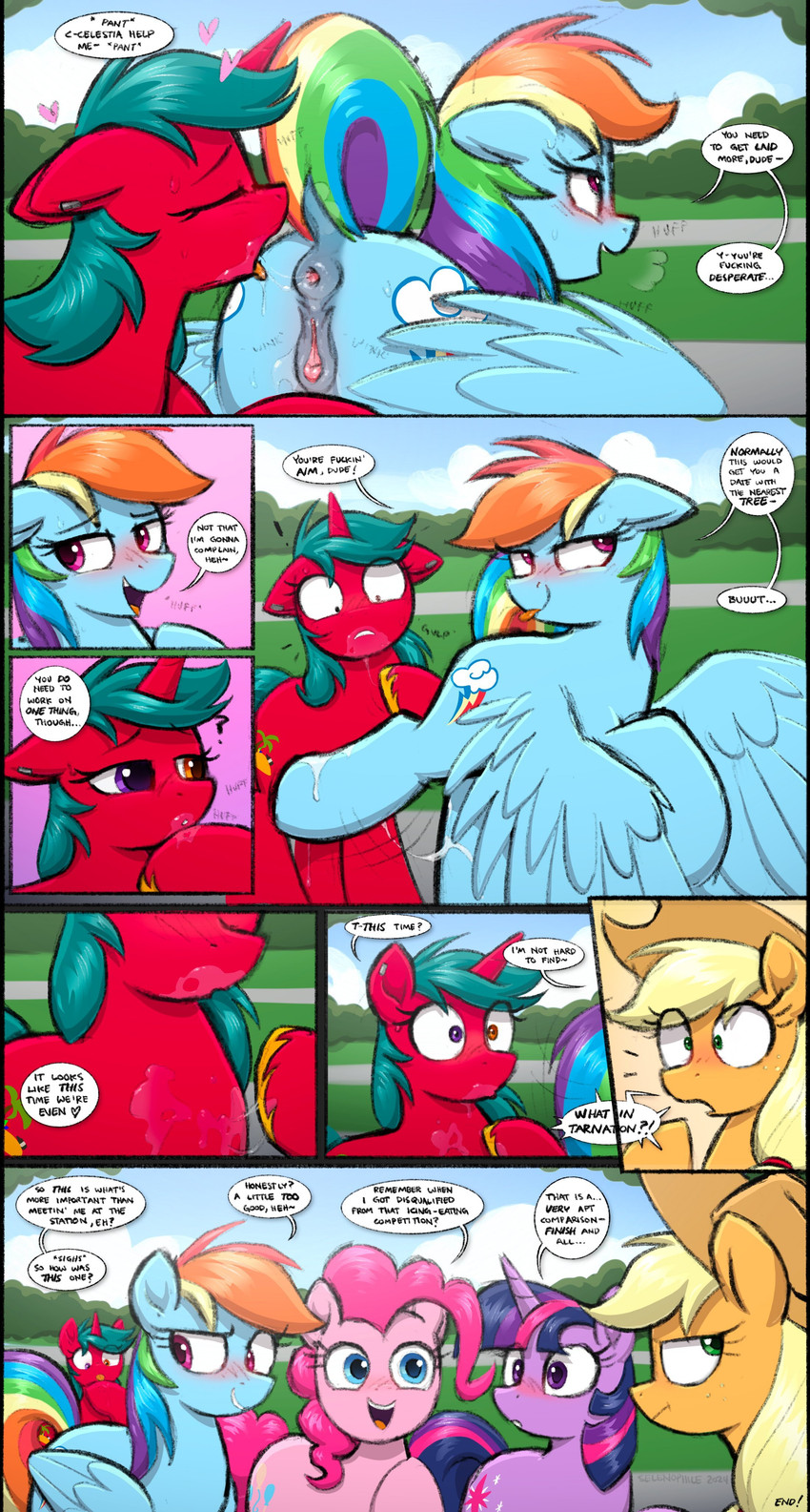 after_anal after_oral after_rimming anatomically_correct animal_genitalia animal_vulva anus blush bodily_fluids casual_sex clitoral_winking clitoris clothing cum cum_on_leg dialogue dock_(anatomy) equine_anus equine_genitalia equine_vulva female feral freckles gaping genital_fluids genitals group gynomorph hat headgear headwear heterochromia horn intersex intersex/female looking_back open_mouth profanity public public_sex puffy_anus saliva saliva_on_anus saliva_on_face saliva_string sex smile speech_bubble spread_wings sweat tail text tongue tongue_out vulva wings selenophile friendship_is_magic hasbro my_little_pony mythology applejack_(mlp) crimson_malibu pinkie_pie_(mlp) rainbow_dash_(mlp) twilight_sparkle_(mlp) earth_pony equid equine horse mammal mythological_creature mythological_equine pegasus pony unicorn absurd_res comic english_text hi_res