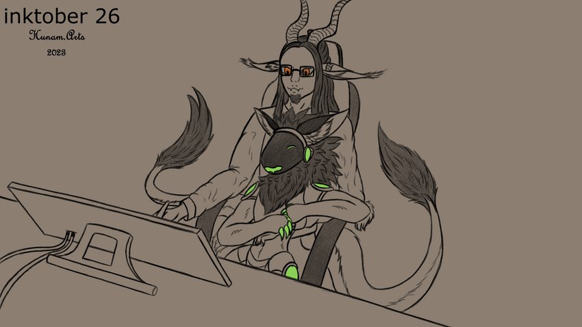 2_tails anthro armor beard breastplate brown_eyes claws crotch_plate cybernetics duo ear_tuft electronics eyewear facial_hair fur glasses goatee green_claws hair horn inner_ear_fluff long_hair machine male multi_tail neck_tuft on_lap protogen_visor sitting_on_lap tablet tail tired tuft visor hunamarts patricio_(hunam) yasu_(protogen) human humanoid mammal noctarion protogen 16:9 hi_res widescreen