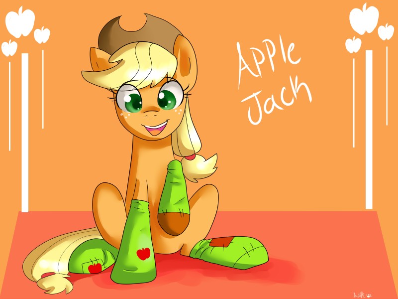 apple blonde_hair clothing cowboy_hat female feral food footwear freckles fruit green_eyes hair hat headgear headwear legwear orange_background patch_(fabric) plant simple_background sitting smile socks solo pon3splash friendship_is_magic hasbro my_little_pony applejack_(mlp) earth_pony equid equine horse mammal pony 2013 4:3 hi_res