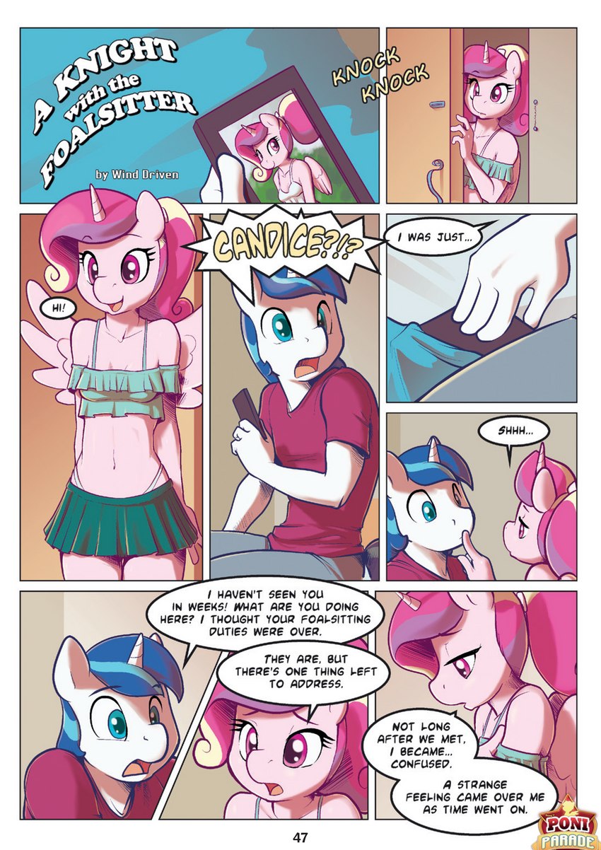 anthro anthrofied bottomwear clothing dialogue duo female hair horn male pink_hair shirt skirt text topwear wings ajin friendship_is_magic hasbro my_little_pony mythology princess_cadance_(mlp) shining_armor_(mlp) equid equine mammal mythological_creature mythological_equine unicorn winged_unicorn absurd_res comic cover cover_art cover_page english_text hi_res