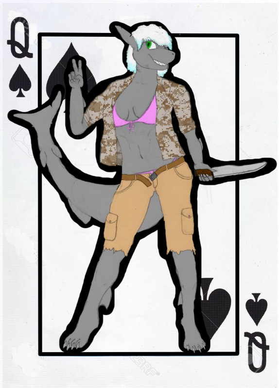 anthro breasts card card_template clothed clothing female green_eyes looking_at_viewer non-mammal_breasts playing_card playing_card_template queen_of_spades simple_background solo spades_(suit) suit_symbol leonthekitsune fish marine shark 2015 absurd_res hi_res