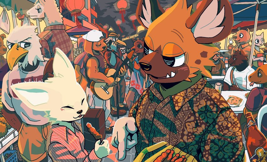 anthro beak black_nose clothed clothing cute_fangs detailed_background fangs female food group guitar male musical_instrument night plucked_string_instrument string_instrument teeth vetiver_n aggretsuko sanrio fenneko haida_(aggretsuko) avian canid canine canis domestic_dog fennec_fox fox hyena mammal spotted_hyena true_fox 2020 hi_res