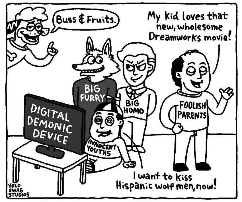 anthro border dialogue electronics group humor hypnosis hypnotic_eyes male mind_control politics propaganda speech_bubble spiral_eyes television text watching_television white_border yoloswagstudios dreamworks puss_in_boots_(franchise) canid canine canis domestic_dog human mammal wolf 2023 6:5 artist_name black_and_white english_text meme monochrome father_(lore) father_and_child_(lore) father_and_son_(lore) parent_(lore) parent_and_child_(lore) parent_and_son_(lore) son_(lore)