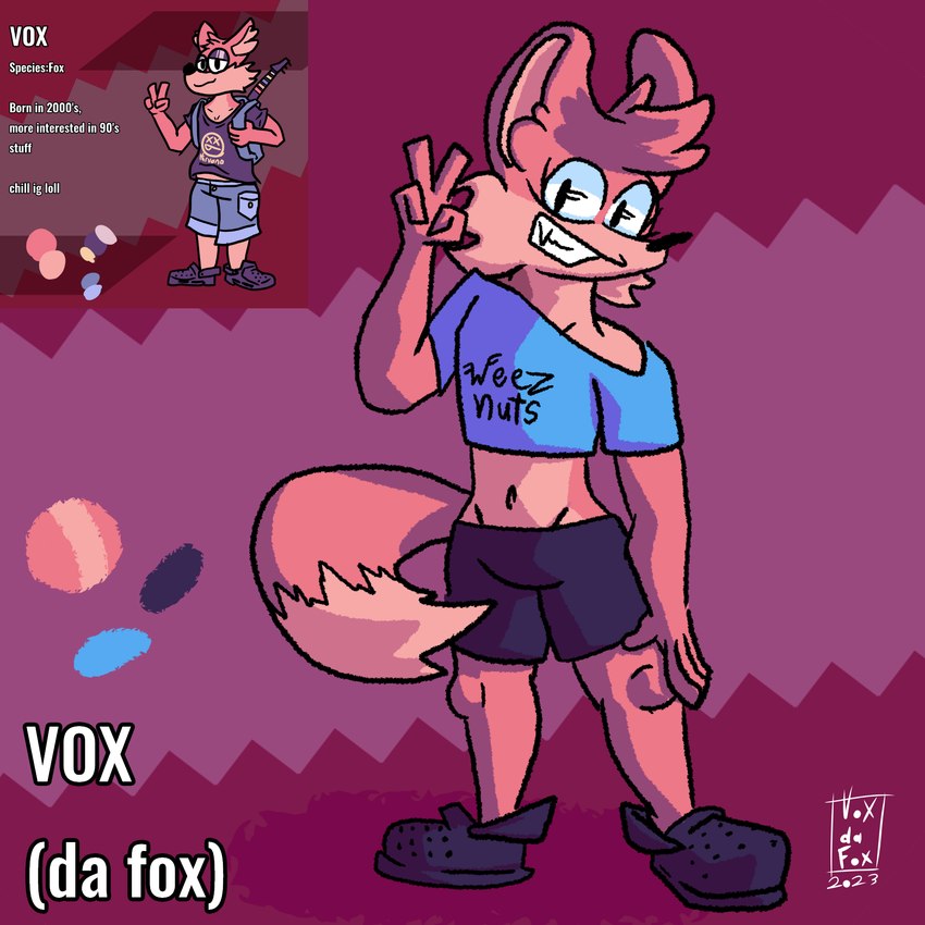 ambiguous_gender anthro band_merch blue_clothing bottomwear clothing crop_top curling_tail fluffy footwear gesture hand_gesture hotpants shirt shorts solo tail topwear v_sign voxdafox crocs weezer vox_(voxdafox) canid canine fox mammal 1:1 hi_res model_sheet redraw