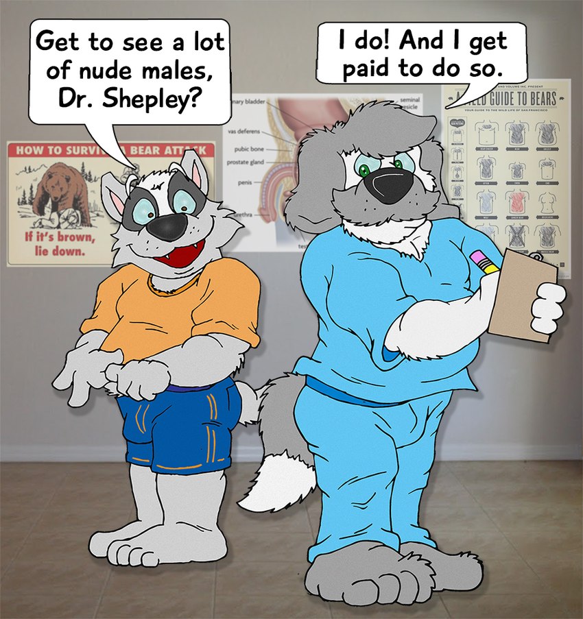 anthro barefoot black_nose black_text blue_bottomwear blue_clothing blue_sclera blue_scrubs blue_shorts bottomwear brown_eyes bruce_badger bulge clothing dialog_balloon dialogue doctor's_office duo facial_hair feet floor fur genitals green_eyes grey_body grey_fur inside male male/male medical_chart mustache open_mouth orange_clothing orange_shirt orange_t-shirt orange_topwear pencil penis scrubs sharp_teeth shirt shorts t-shirt teeth teeth_showing text tile tile_floor topwear white_body white_fur brucebadger bruce_(brucebadger) ozzie_shepley badger canid canine canis domestic_dog herding_dog mammal mustelid musteline old_english_sheepdog pastoral_dog sheepdog biological_illustration english_text medical_illustration technical_illustration