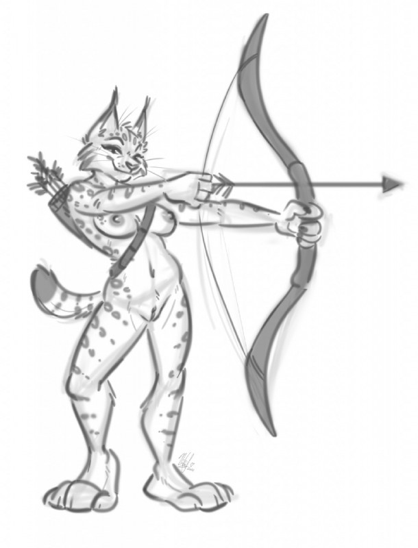 anthro arrow_(weapon) bow_(weapon) breasts female fur genitals holding_object holding_weapon looking_at_viewer nipples nude paws pose pussy ranged_weapon smile solo weapon whiskers nicnak044 voltekaru felid feline lynx mammal digital_media_(artwork) hi_res monochrome sketch