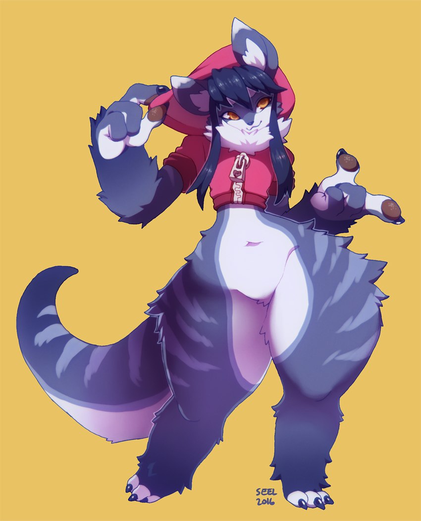 anthro big_hands bottomless clothed clothing crop_top cropped_hoodie female flat_chested hair hoodie long_hair navel pawpads paws pear-shaped_figure purple_body shirt small_waist solo striped_body stripes thick_arms thick_calves thick_thighs topwear wide_hips zipper zipper_pull_tab zipper_topwear ground-lion tsukiyo unknown_species 2016 digital_media_(artwork) hi_res