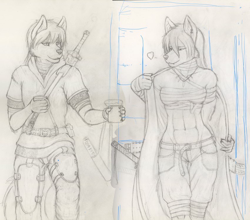 abs anthro athletic athletic_female beverage chest_wraps coffee dressing dressing_up duo female heart_symbol male melee_weapon sword weapon wraps seff_(artist) twokinds natani zen_(twokinds) canid canine canis mammal wolf 2012 sketch brother_(lore) brother_and_sister_(lore) sibling_(lore) sister_(lore)