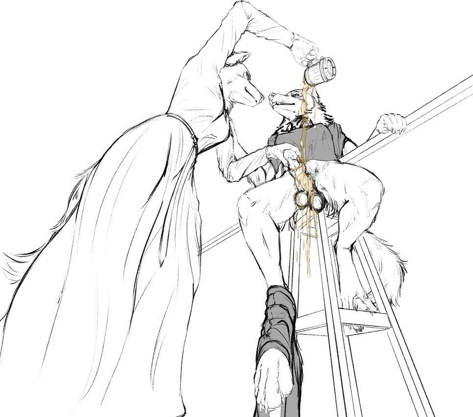 alcohol animal_genitalia anthro balls beverage bottomwear clothing dress duo female furniture genitals intersex paws sheath shirt shorts sitting stool tankard topwear digipixelfluff canid canine canis mammal wolf hi_res sketch