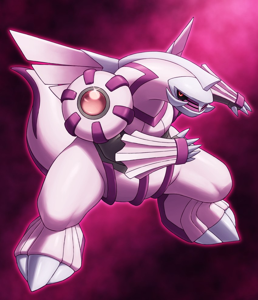 ambiguous_gender black_sclera claws feral gem pink_background pink_body red_eyes simple_background solo on_ice_(artist) nintendo pokemon generation_4_pokemon legendary_pokemon palkia pokemon_(species) absurd_res hi_res