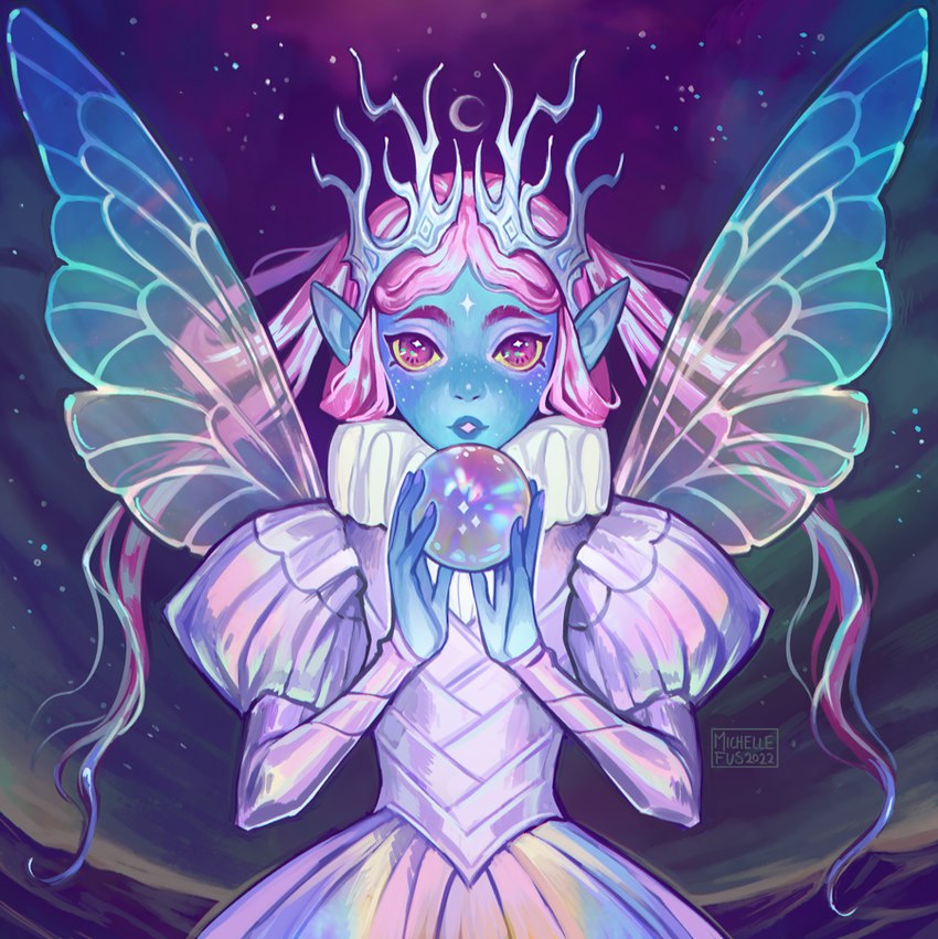 antlers ball_gown blue_body blue_skin clothing colored_nails cosmic_background dragonfly_wings dress female fingernails hair holding_orb horn humanoid_pointy_ears insect_wings iridescent_clothing iridescent_dress looking_at_viewer moon nails orb pink_hair pointy_ears purple_fingernails purple_nails solo starry_body starry_skin wings tinypaint fairy humanoid signature