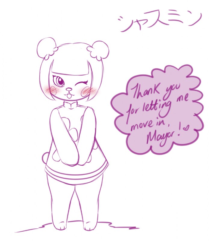 anthro blush featureless_hands female heart_symbol looking_at_viewer solo text lacgl requestfaeg animal_crossing nintendo pekoe_(animal_crossing) bear mammal english_text japanese_text monochrome translation_request