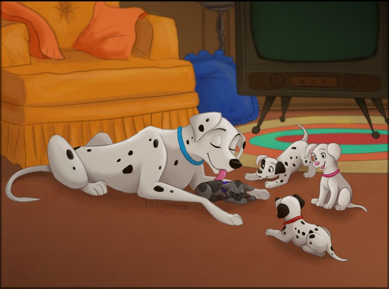 adoption ambiguous_gender female feral group licking living_room maternal tongue tongue_out young young_feral tacianap 101_dalmatians 102_dalmatians disney little_ronak_(wolf_form) lucky_(101_dalmatians) oddball_(101_dalmatians) patch_(101_dalmatians) perdita canid canine canis dalmatian domestic_dog mammal hi_res mother_(lore) parent_(lore)