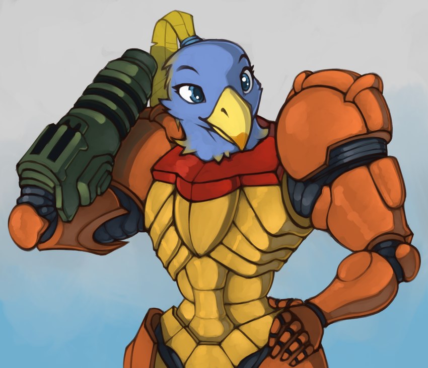 5_fingers anthro arm_cannon armor beak blue_eyes female fingers gradient_background simple_background solo varia_suit yellow_beak marsminer metroid nintendo samus_aran avian bird chozo 2023 hi_res