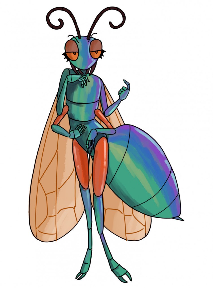 4_arms ambiguous_gender antennae_(anatomy) anthro arthropod_abdomen curled_antennae glistening glistening_body green_body humanoid_hands insect_wings iridescent iridescent_body lidded_eyes mandibles multi_arm multi_limb multicolored_body segmented_body solo wings bensect arthropod hymenopteran insect jewel_wasp wasp hi_res