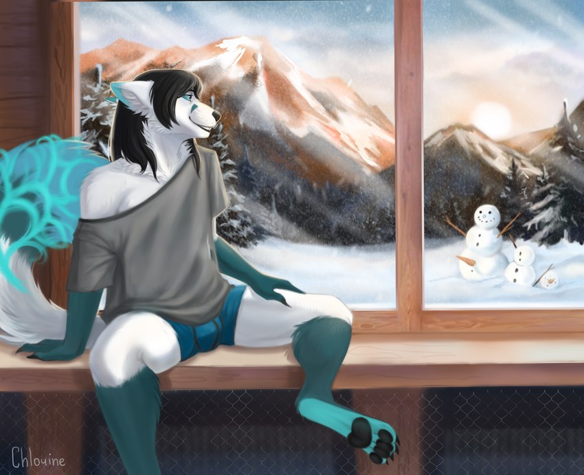 boxer_briefs bulge clothed clothing fur male mountain off_shoulder painting paws shirt snowman solo topwear underwear white_body white_fur window winter chlorine_artworks canid canine fox mammal absurd_res full-length_portrait hi_res portrait