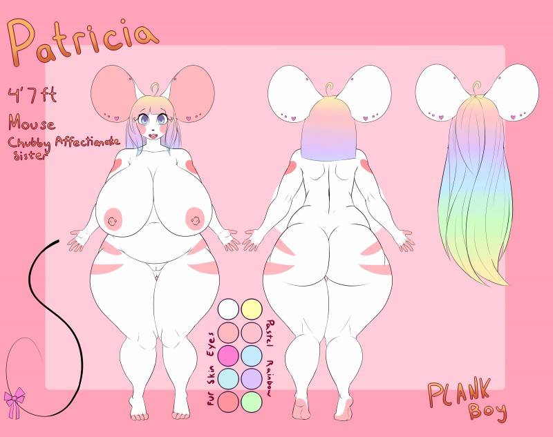 anthro big_breasts big_butt breasts butt female genitals huge_breasts huge_butt nipple_piercing nipples piercing pink_background pussy simple_background slightly_chubby solo text wide_hips plankboy patricia_(plankboy) mammal mouse murid murine rodent absurd_res english_text hi_res